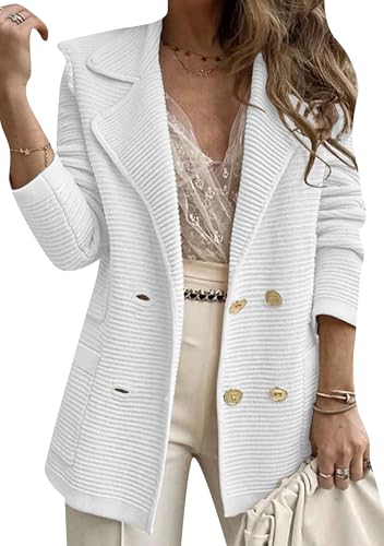 Womens Long Sleeve Tweed Double Breasted Blazer Jackets Lapel Ribbed Open Front Fall Blazers Coats with Pockets