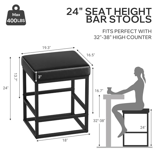 Image of Bar Stools Set of 6, 24in Counter Height Barstools, Faux Leather Counter Stools with Thick Square Seats & Sturdy Metal Base, Modern Bar Chairs for Kitchen Island (Black)
