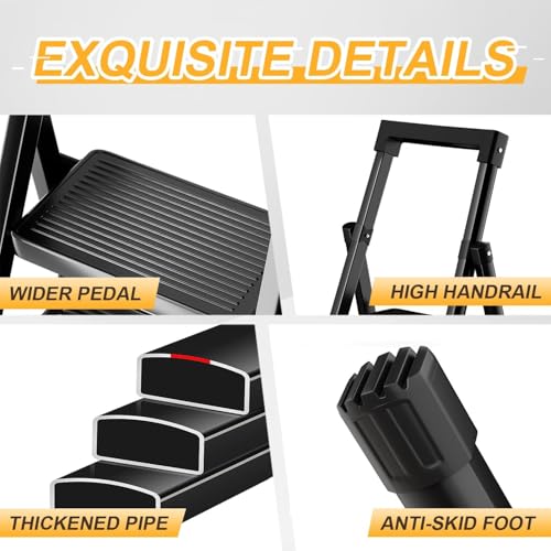 Image of 7 Step Ladder with Platform, Folding Step Stool Heavy Duty, Portable Step Ladders with Anti-Slip Widen Pedals, Handrail, Safe-Lock Design, Tall Kitchen /Closet Step Ladder for Adults,Carbon Steel