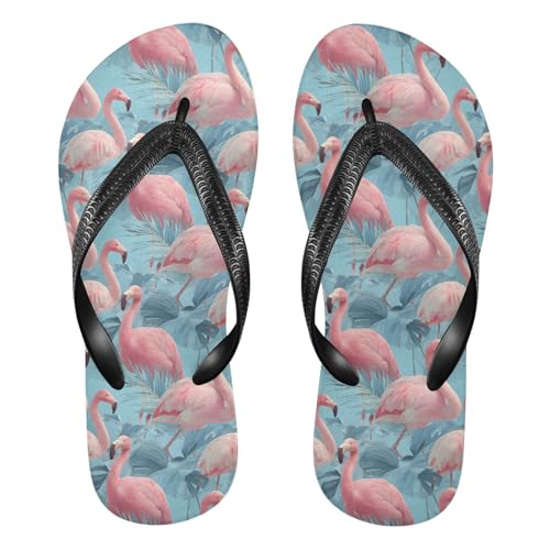 ALAZA Pink Flamingo Blue Leave Flip Flops for Women Fashion Beach Slippers Comfort Mens Flip Flops Non-Slip Rubber Shower Slippers Sandal for Hotel Travel Sport,XS