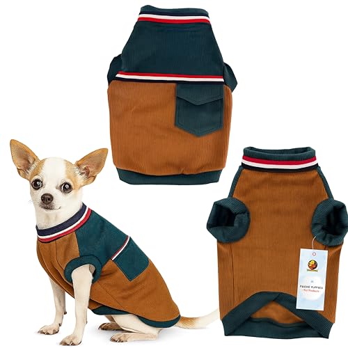 Image of Foodie Puppies Corduroy Line Velvet Pocket T-Shirt Warm Sweater Jacket - (16 inch, Tale & Brown) for Small Dogs | Soft, Lightweight Pet Apparel with Stylish, Comfortable, Durable & Stretchable Outfit