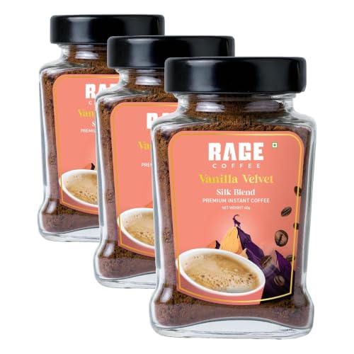 Image of Rage Coffee Vanilla Velvet Silk Blend Instant Coffee, 60g | Premium Flavoured Instant Coffee | Bold, Smooth & Aromatic | 100% Pure Coffee | Easy to Make Hot or Cold (Pack of 3)