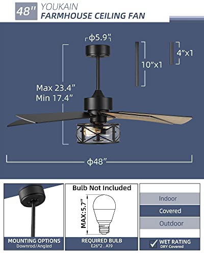 Youkain Farmhouse Ceiling Fans, 48 Inch Industrial Ceiling Fan With Light And Remote Control, Clear Glass, 5-Reversible Blades With Matte Black/Wooden Finish, 52-Yj632 #TOP5