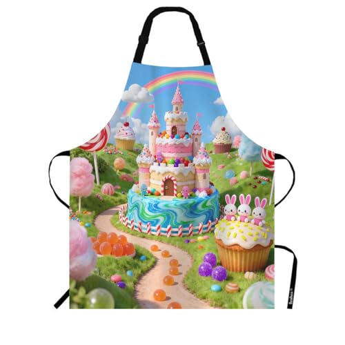 Beabes Sweet Candy Rainbow Land Bib Apron Adjustable Neck Strap Colored Candy Castle House Lollipop Cake Polyester Work Apron Crafting BBQ Drawing Chef Waitress 27 X 31