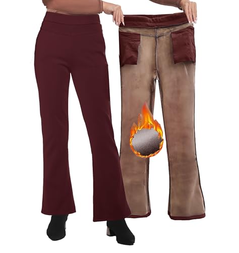 Yehopere Women's Fleece Lined Pants Thermal Flannel Lined Pants Winter Warm Bootcut High Waist Dress Pants