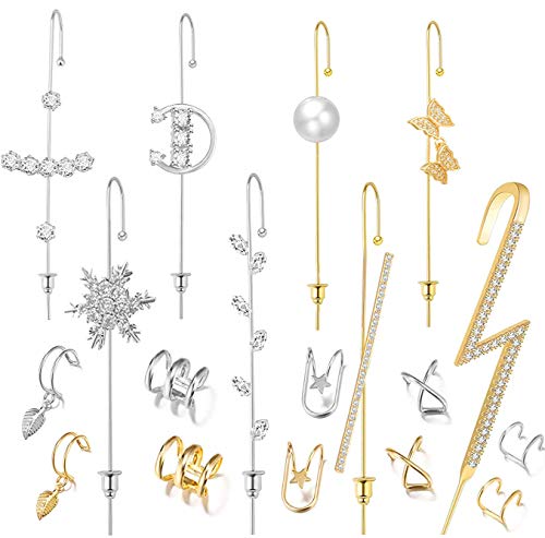 13 Pcs Ear Wrap Crawler Hook Earrings Gold Silver Sparking Cubic Zirconia Earcuffs Gold Siver Climber Piercing Ear Cartilage Hypoallergenic Earrings for Women Girls (Gold Sliver)