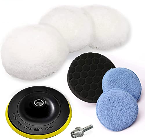 BOKA 6 Inch Wool Buffing Polishing Pad Set, 8 Pcs Thicker Buffing Wheel for Drill, Car Buffer Pads with M14 Drill Adapter, 3 Ã— Wool Buffing pad 6 inch, 1 Ã— Sponge polishing pad, 2 Ã— Wax applicator