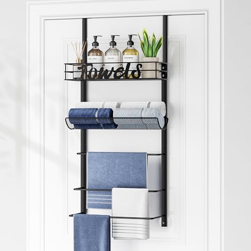 SWTYMIKI Over Door Towel Rail - 5 Tier Towel Storage Rack Wall Mounted with Metal Shelf Over Door Towel Rack Space-Saving Bathroom Towel Storage Multi-Functional Bathroom Accessories Black