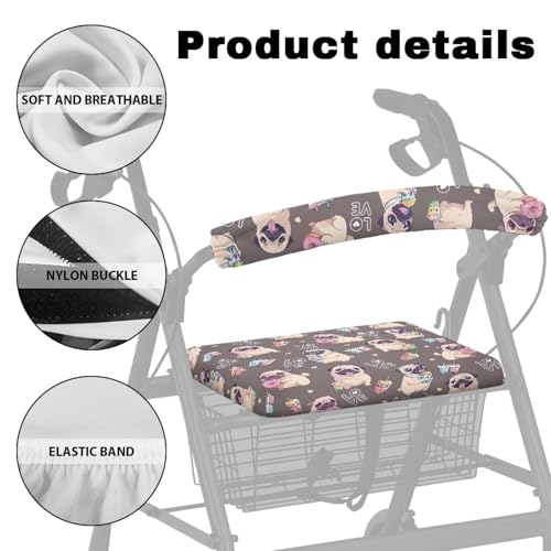Image of Rollator Accessories, Pug Soft Walker Seat and Backrest Covers, Universal Seat Covers for Seniors with Adjustable Fit