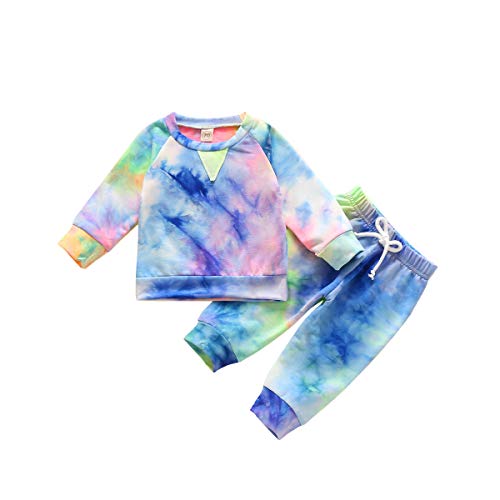 Image of Toddler Baby Girl Tie Dye Tracksuit Outfit 2Pcs Clothes Set Crewneck T-Shirt Top and Pants Sweatsuit Jogging Suits (Blue, 6-12 Months)