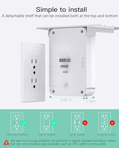 Image of Wall Outlet Extender with Shelf, Surge Protector 6 AC Multi Plug Outlet, PD 30W USB Charger Station Splitter Expander for Home Room