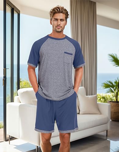 Image of Mens Pajamas Set Lightweight Summer Pjs Sleepwear Soft Comfy Short Sleeve Loungewear With Pocket (S-4X)