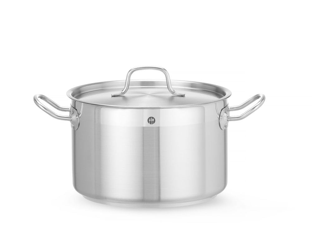 HENDI Kochtopf, mittel, mit Deckel, 6,7L, ø240x(H)150mm, Edelstahl | Geeignet für alle Herdarten, flacher Boden, kühl bleibende Griffe, Induktionskochtopf, Bratentopf, Fleischtopf