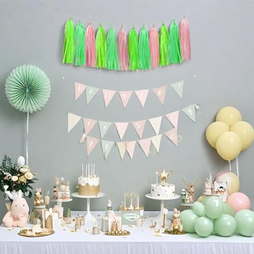 Image of Green Light Green and Pink Tassel Garland Banner Paper Tassels for Party Decorations,Pack of 15