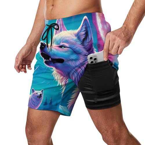 White Wolf Full Moon Men's Swim Trunks with Compression Liner Summer Bathing Suit Beach Shorts with Pockets2