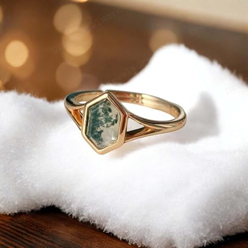 Nature Inspired Moss Agate Promise Ring 9kn Solid Rose Gold Hexagon Moss Agate Engagement Solitaire Ring Bridal Statement Handmade Jewelry Proposal Gift For Her4