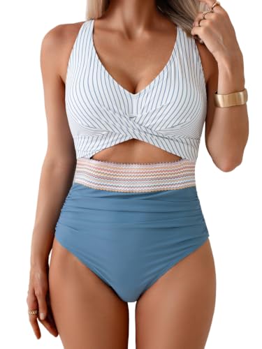 Image of B2prity Women's One Piece Swimsuit Tummy Control High Waisted Bathing Suit | Color Block,Removable Soft Cups,Cutout,V neck,Full Coverage,Adjustable Criss Cross Straps,Tie Back