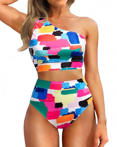 Image of Holipick Women One Shoulder High Waisted Bikini Sets Two Piece Swimsuit Tummy Control Bathing Suit Full Coverage Swimwear