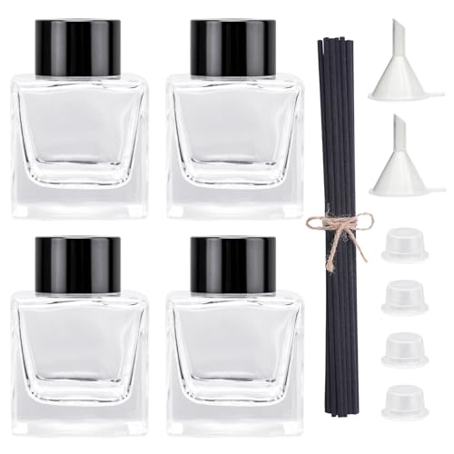 Agidea 4PCS Refillable Fragrance Glass Diffuser Bottles with 20pcs Reeds Sticks & Black Caps & Funnel, Diffuser Jars for Home Oil Fragrance Decoration Girl Women Gift (50ML)