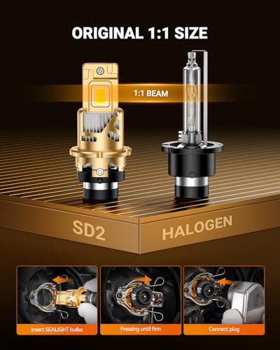 Image of SEALIGHT D2S Bulbs 6500K Cool White Brighter 1:1 Mini Size Plug and Play HID Fog Lights Replacement, IP68 Waterproof 0.01s Instant Start Pack of 2