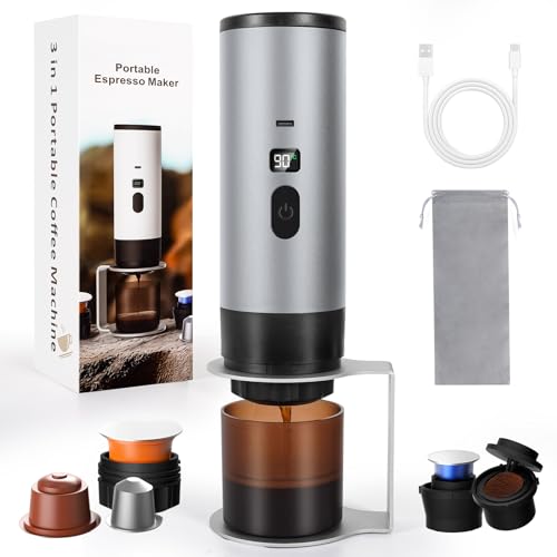 LAMA Cafetera espresso eléctrica portátil, 3 en 1, de viaje, autocalentamiento instantáneo de 4 a 5 minutos, cápsulas pequeñas, cápsulas grandes, café molido para camping, caravana, oficina, hogar