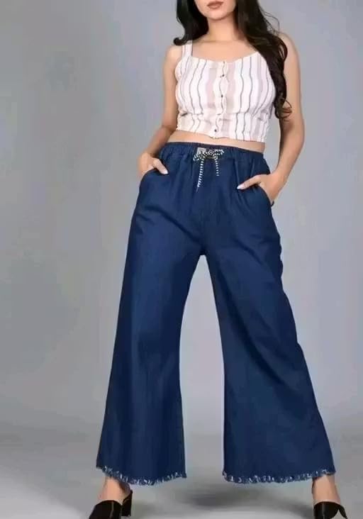 Image of Women's Denim Cotton Palazzo Pants, Mid Rise Relaxed Fit, Wide Leg Jeans Style, Casual Wear Trousers