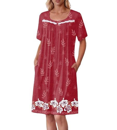 Image of Ekouaer Women Zipper Robe Short Sleeves House Coat Zipper Front Bathrobe Sleepwear with Pockets Housecoat Nightgown