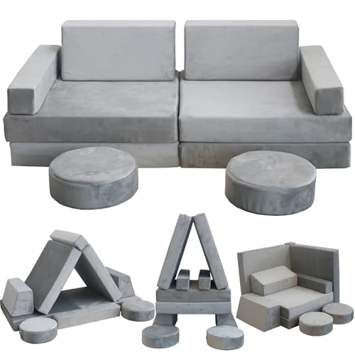 Jadoxy Modular Kids Play Couch, Kids Sectional Couch Sofa, Bedroom and Playroom Convertible Foam for Toddlers, Floor Cushion for Imaginative Boys and Girls (Light Grey-Suede)