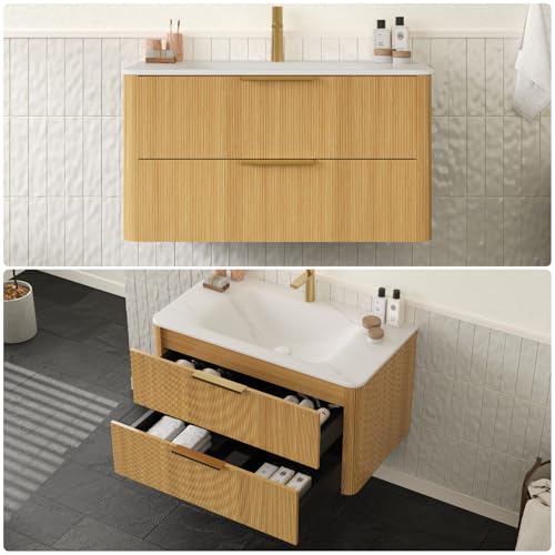 Image of 36 inch Wall-Mounted Bathroom Vanity Cabinet with Sink, Light Oak