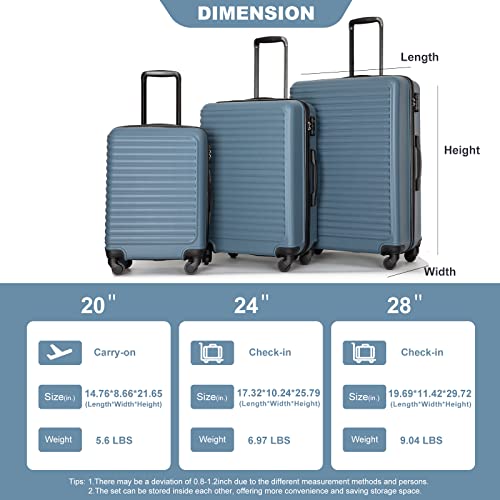 3 Piece ABS Luggage Sets with 2 Hooks, Durable Suitcase Sets with Wheels and TSA Lock, 3 Piece - Hard Case Suitcase Sets, (20''/24''/28'') (Blue)4