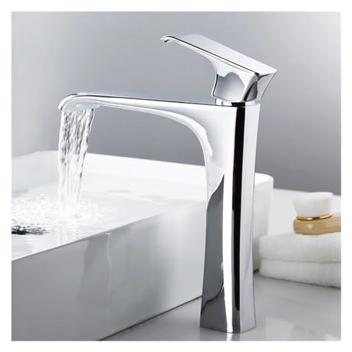 Grifo de cascada cromado alto para lavabo de baño moderno con monomando regulable 6