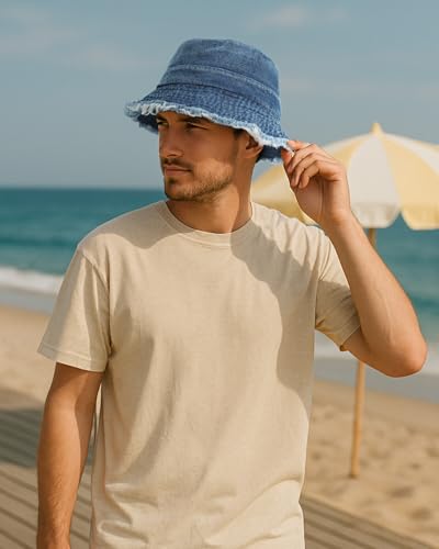 Image of Zylioo Oversized Denim Bucket Hat, XXL XL L M Fisherman Sun Hat with Chin Cord, Washed Jean Packable Summer Travel Hat