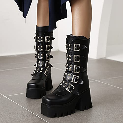 Vomira Platform Boots Goth Shoes For Women Round Toe Studded Mid Calf Boots Back Zipper Chunky High Heel Gothic Punk Boots #TOP2
