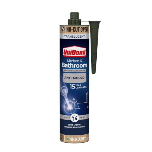 UniBond Kitchen and Bathroom Mould-Resistant Translucent Silicone Sealant Easy No Cut Opening Silicone-Based Sanitary Sealant Waterproof 1 x 280ml Cartridge