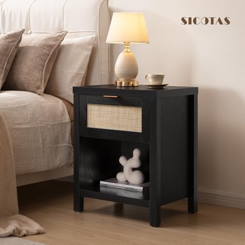 Image of SICOTAS Black Rattan Nightstand Farmhouse Night Stands with Drawer