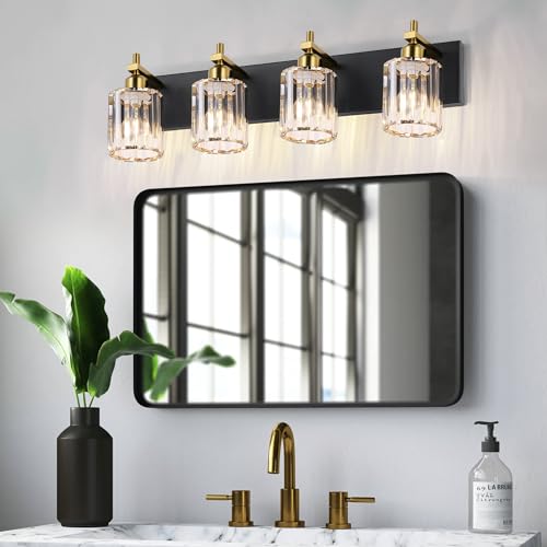 Image of She's home 4 Light Crystal Vanity Lights for Bathroom - Black and Gold Modern Bathroom Vanity Lights Over Mirror 28 Inch, Bathroom Wall Lighting E26 Base