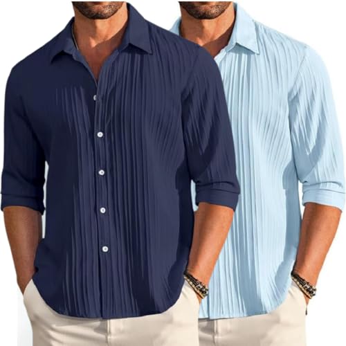 Image of FINIVO FASHION Men's Cotton Blend Shirt Set Lightweight, Full Sleeves, Plain Texture, Button Closure, Summer Ready (Pack of 2)