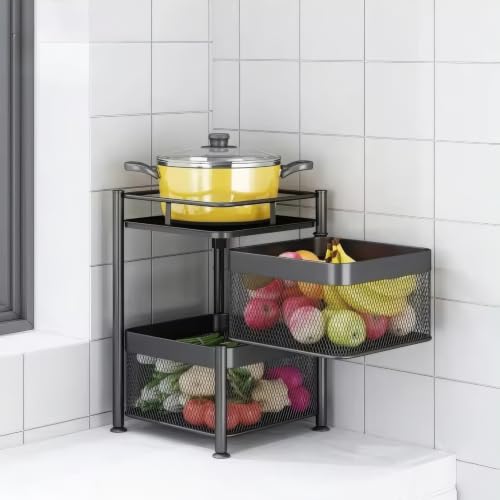 Image of flymore Metal Kitchen Trolley Square Onion Baskets for Storage,Kitchen Accessories Items&Vegetable Basket for Kitchen Organizer Items&Storage Portable Kitchen Accessories with Wheels(Black,Layer-2)