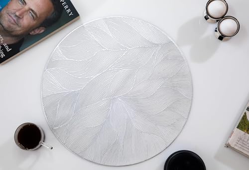 Image of HomeCloud PVC Material Round Shape Table Mat, Dining Table Mat,Table Placemats, Round Mats,Best for Bed-Side Table /Center Table, Dining Table /Shelves (Circle Leaf Flower Silver, Set of 2)