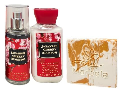Bath & Body Works Japanese Cherry Blossom - Fine Fragrance Mist - Body Lotion - with a Peach Gardenia Sample Soap - Travel Size