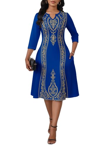 Image of PinkPatty Women's Casual 3 /4 Sleeve Midi Dresses Fit and Flare Church Work Dress with Pockets