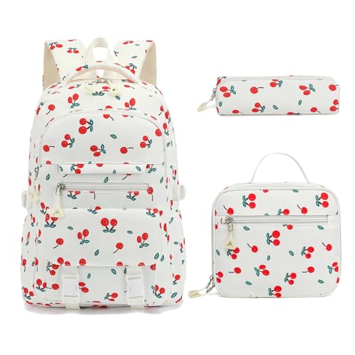RTGNEI Girls School Cherry Backpack with Lunch Box for Kids Kawaii Aesthetic Laptop Bookbag for Travel