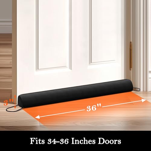 Image of Sunolga Door Draft Stopper Blocks Hot and Cold Air with Removable Washable Cover for Bottom of Door, All-Season Seal for Noise, Light, Wind, Door Sweep for Gaps Up to 3 inch, Home Essentials, 36 inch, Black