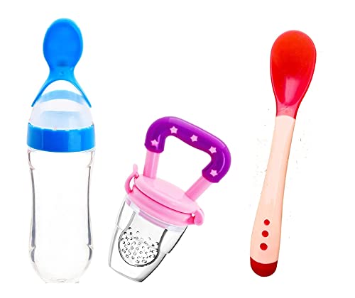 Image of Baby Feeding Set: 3-Piece Silicone Baby Fruit Nibbler & Feeder, Heat Sensor Spoon (Multicolor)