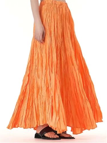 Women's Maxi Skirt Vintage Pleated Elastic Waist Solid A-Line Large Hem Party Long Skirts4