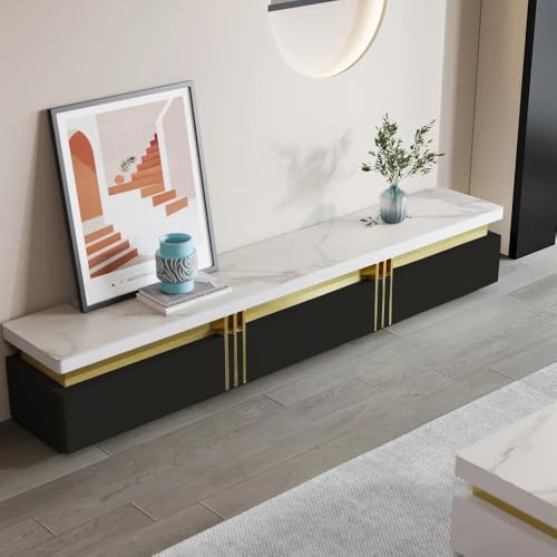 Image of Luxury Joyce Modern TV Unit /Console - 70 inch Naino Compsit Marble Top, 3 Drawer Storage - White & Gold Finish - Scratch Resistant, Waterproof Plywood - Living Room Media Cabinet (Black)