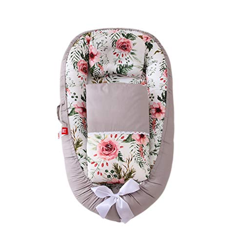 Baby Lounger,Baby Nest for Toddler Baby Crib with Pillow,100% Soft Cotton&Breathable Portable Adjustable Newborn Essentials for Baby Travel and Napping (Flower Style with Quilt)