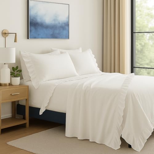 Masters House Biancheria per la Casa, Set Lenzuola Matrimoniale in Cotone 100% con Volant, 290x250 cm (Bianco, Matrimoniale)