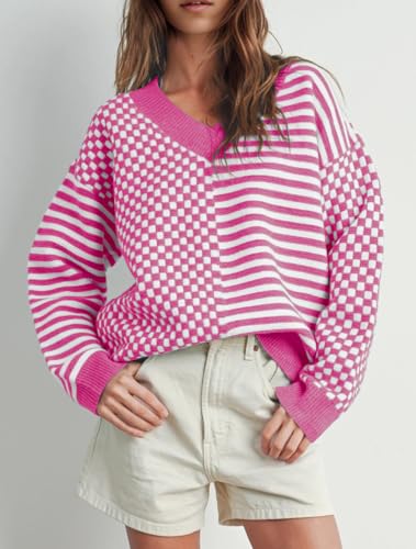 Image of UNCLECAT Womens Striped Checkered Sweater V Neck Fall Trendy Pullover Tops | Long Sleeve, Winter Clothes, Soft Jumpers, Business Casual Outfits, Cute, Fashion, Knitted Sweaters