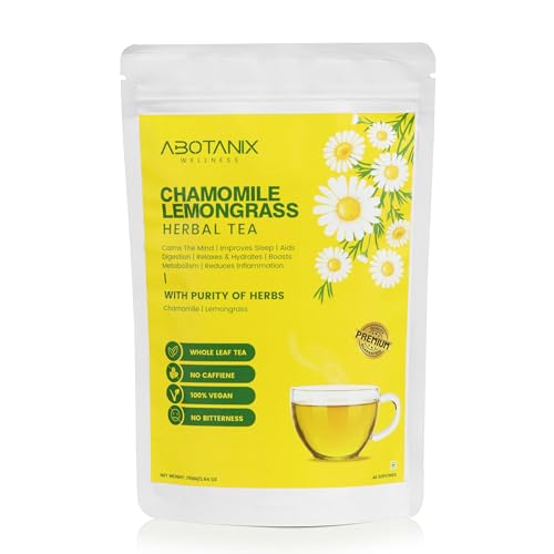 Image of ABOTANIX Chamomile Lemongrass Herbal Tea 75g ( 40 Cups ), Premium Loose Leaves, Improves Sleep & Relaxation, Reduces Stress & Anxiety, Boosts Metabolism, Aids Digestion, Antioxidants-Rich, Caffeine Free, No Sugar